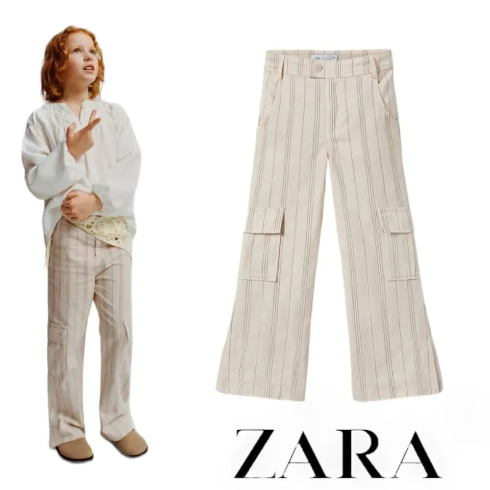 ZARA Kids | Light Beige | STRIPED FLARED CARGO PANTS